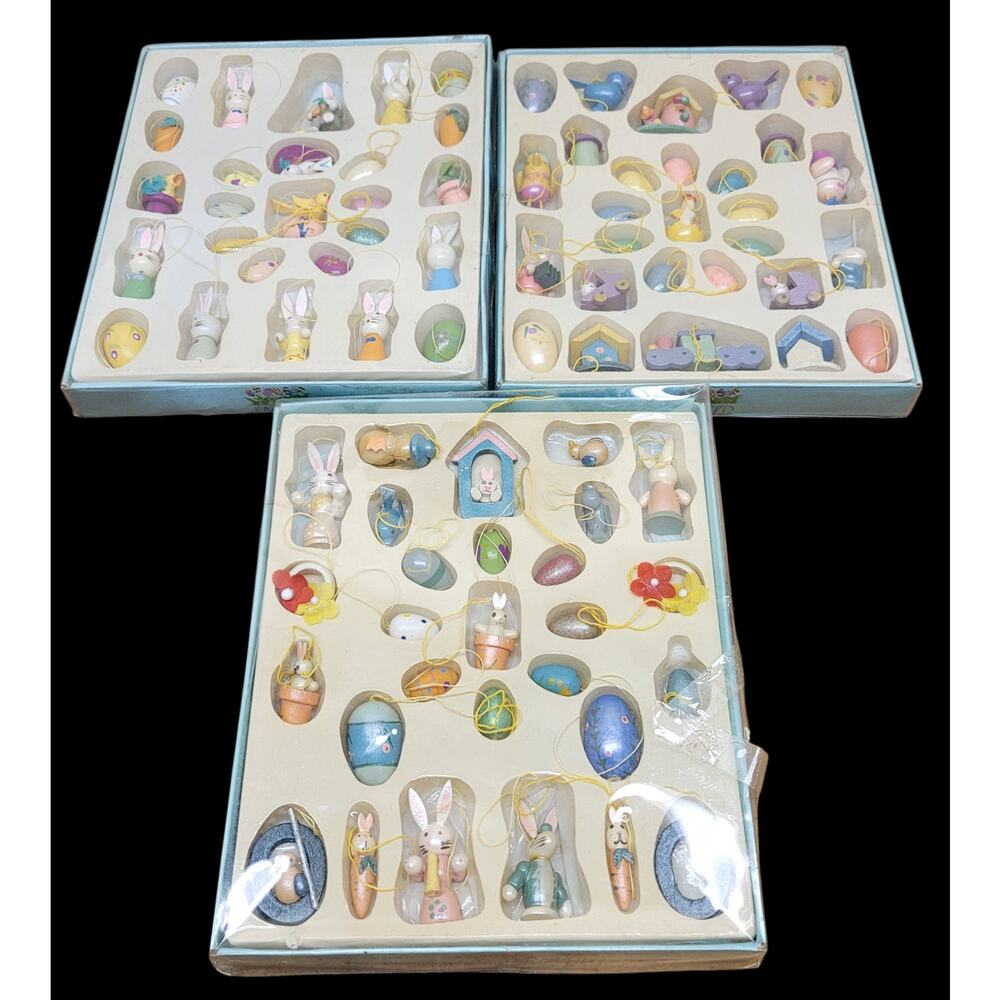 3 Packs of Vintage Walmart Miniature Wooden Easter Ornaments Eggs Rabbits Bunny